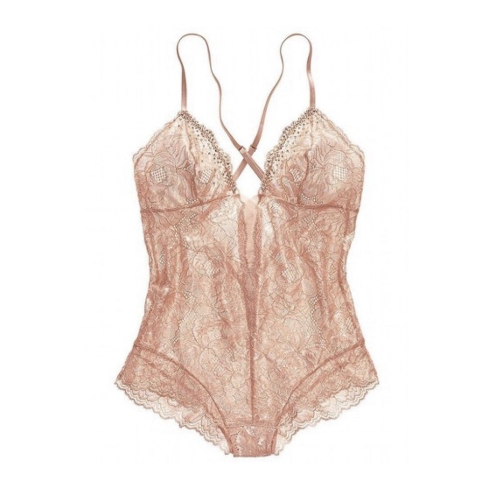 Y2K Victoria's Secret Dream Angels Pink Metallic Lace Teddy Rhinestones Bodysuit